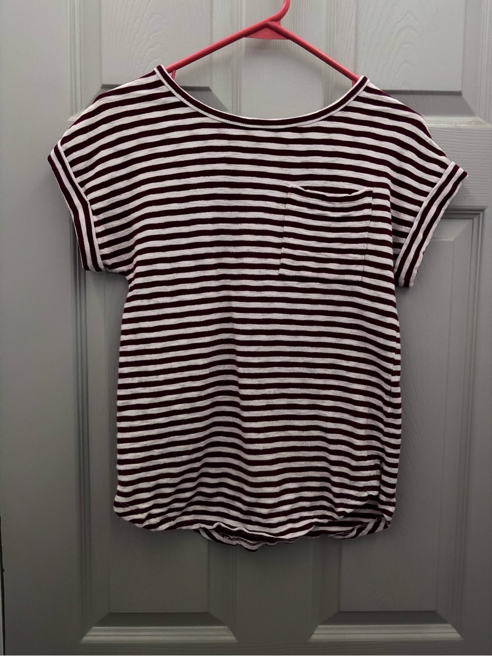 a new day burgundy and white striped short sleeve pocket tee